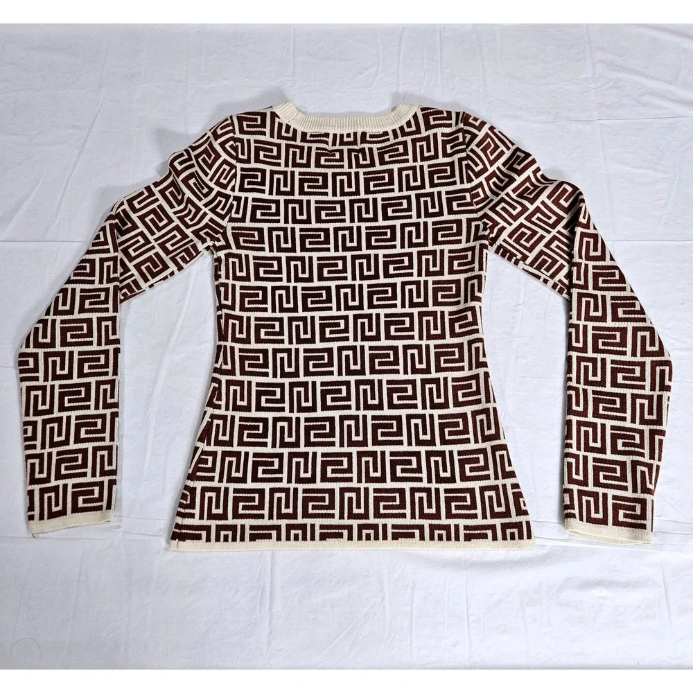 Jolie & Joy Womens Brown Cream Greek Key Geometric Knit Top J4M2575S Small